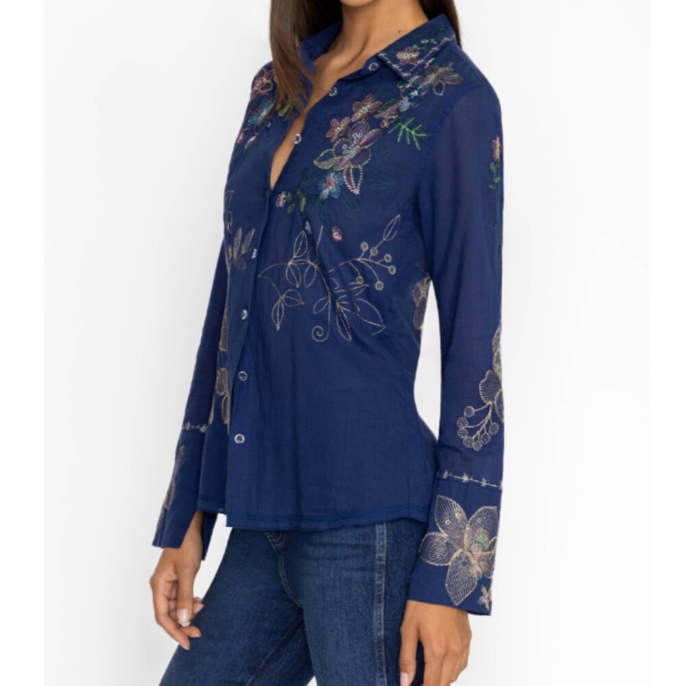 NWT Johnny Was The Abby Vintage Button Down Shirt Navy, Size M